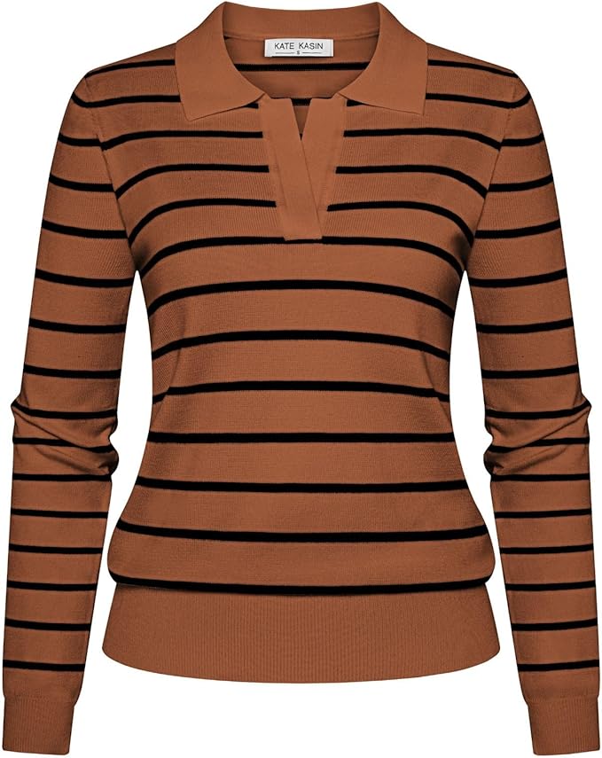 Women's Long Sleeve Classic V Neck Casual Fall Winter Polo Sweater Tops | Basic Collared Knitted Fashion Work Business Formal Daily Wear Versatile Pullover Shirts