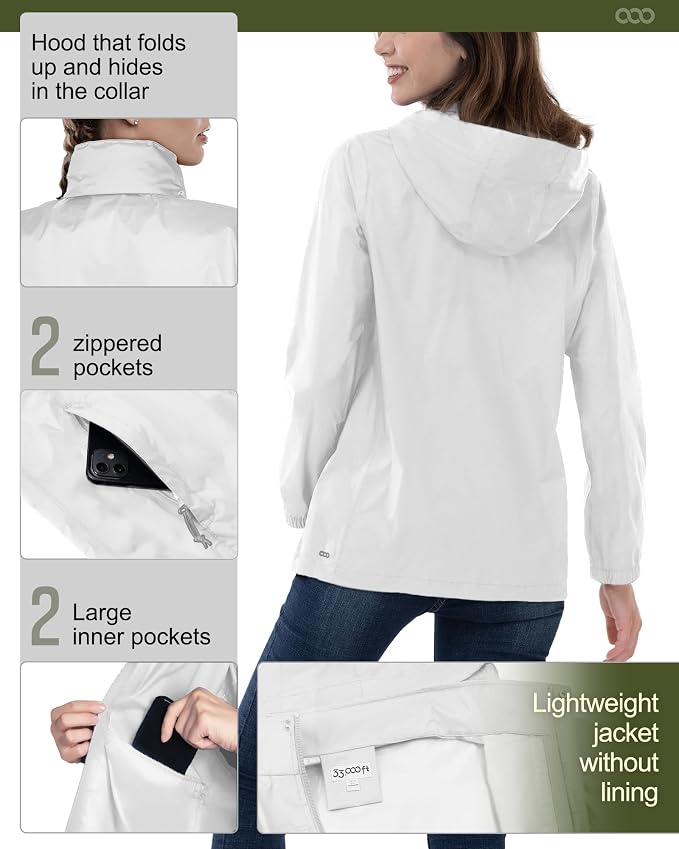 33,000ft Women's Rain Jacket Waterproof Lightweight Packable Raincoat with Hood for Golf Hiking Travel Windbreaker