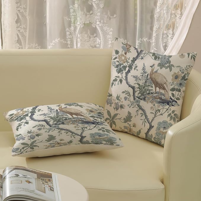 Chinoiserie Pillow Covers 18x18 Set of 2 Blue Bird Floral Throw Pillows Vintage Blue Green Flowers Decorations Outdoor Pillowcase Chinoiserie Decor Farmhouse Cushion Case for Couch Home
