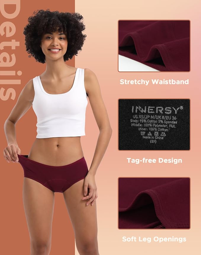 INNERSY Women's Period Underwear Leak-Proof Menstrual Hipster Multipack | Cotton Panties, 20ml Absorbency, for Post-Period Spotting, Menstrual, or Daily Backup