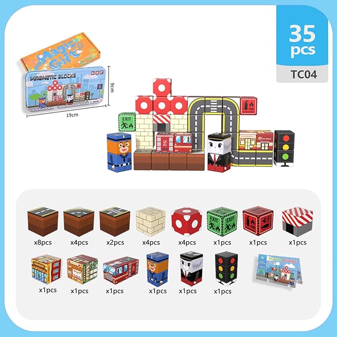 Magnetic Blocks Set, 35PCS Educational STEM Travel Building Toys for Kids 3+, Portable Magnetic Block with Metal Storage Box, Toddler Learning Toys for Boys Girls 4-8 Birthday Gift(Road Transport)
