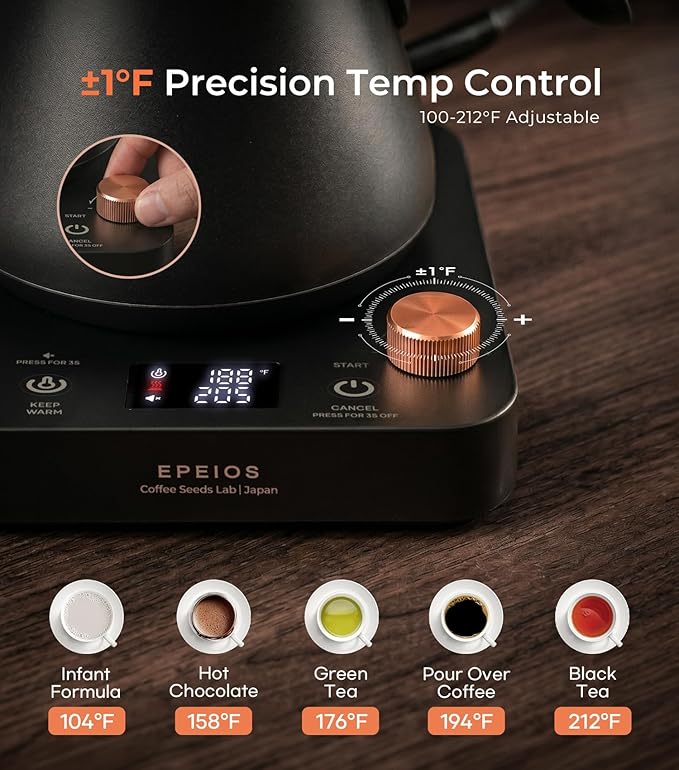 Epeios Electric Kettle, Gooseneck Electric Kettle with ±1°F Temperature Control, 1200W Rapid Heating for Pour Over Coffee & Tea, 304 Stainless Steel Interior, Auto Shut-Off, 0.9L, Pink