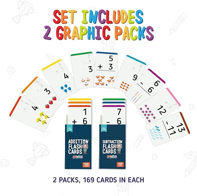 Merka Addition & Subtraction Math Flash Card Set - (2 Sets, 169 Cards Each) - Classroom & Homeschool Supplies for Grades 1-4 (Multicolor)