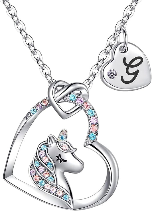Valentines Day Gifts for Kids Girls - Unicorn Necklace for Girls with Initial Heart Pendant & Gift Box, 18K Gold Fashion Kids Jewelry, Colorful Heart Necklace for Birthdays & Costume Parties.