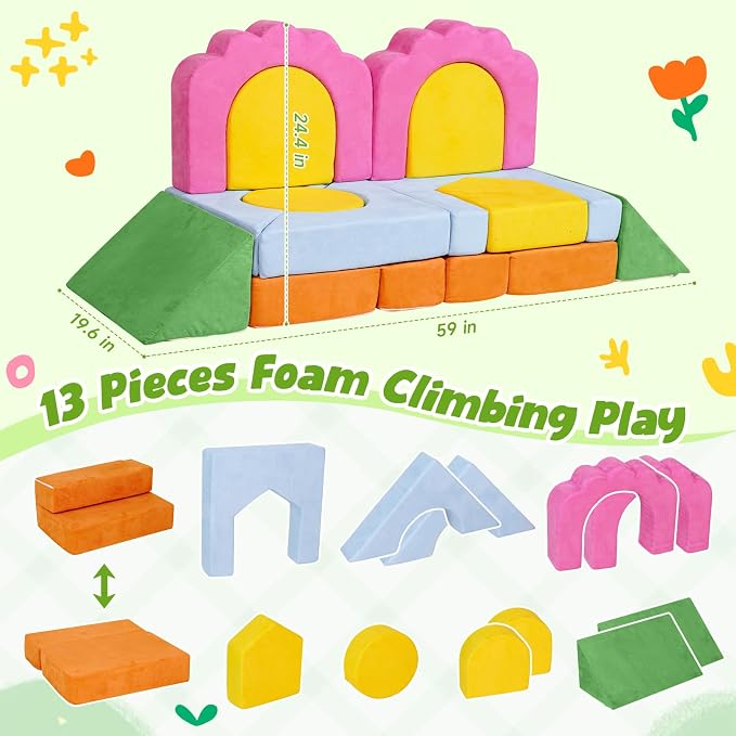 13-Piece Modular Foam Climbing Blocks Set for Toddlers - Floral Soft Play Structure for Indoor Crawling & Climbing Play with Washable Cover for Bedrooms, Playrooms, Daycares and Schools,Multicolor