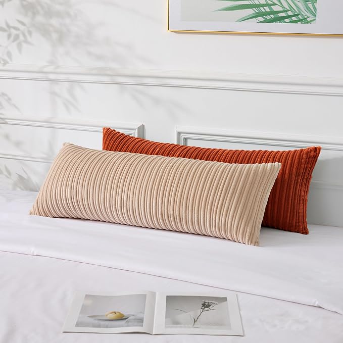 UGASA Fall 14x36 Inch Pillow Cover Pack of 1 Soft Boho Stripe Corduroy Large Long Rectangle Lumbar Cushion Case Farmhouse Decorative Throw Pilowcase for Bed, Couch, Sofa, Bedroom, Burnt Brick