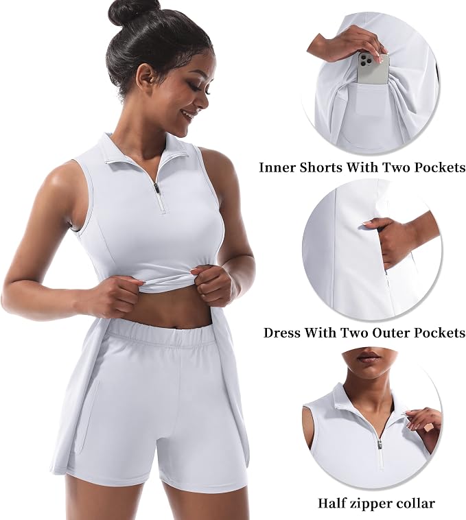 Tennis Dress for Women, Golf Dress with Shorts and Pockets Athletic Dress | Sleeveless Collared Half-Zipper Workout Sport Dress, Stretch Moisture Wicking Fabric, Tennis Golf Outfits