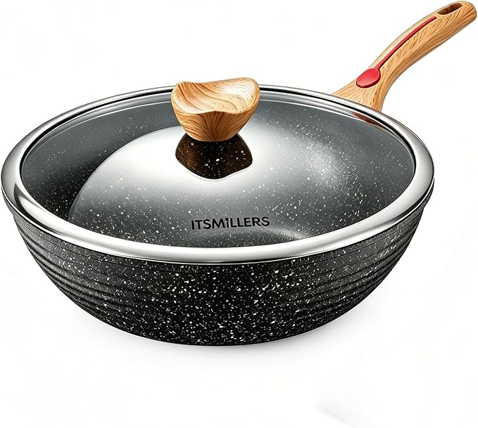 ITSMILLERS Nonstick Wok Aluminium Die-casting Chinese Wok, Scratch Resistant With Lid and Spatula, PFOA-Free, Dishwasher Safe & Induction Bottom,11.8 Inch,5QT,Large Capacity