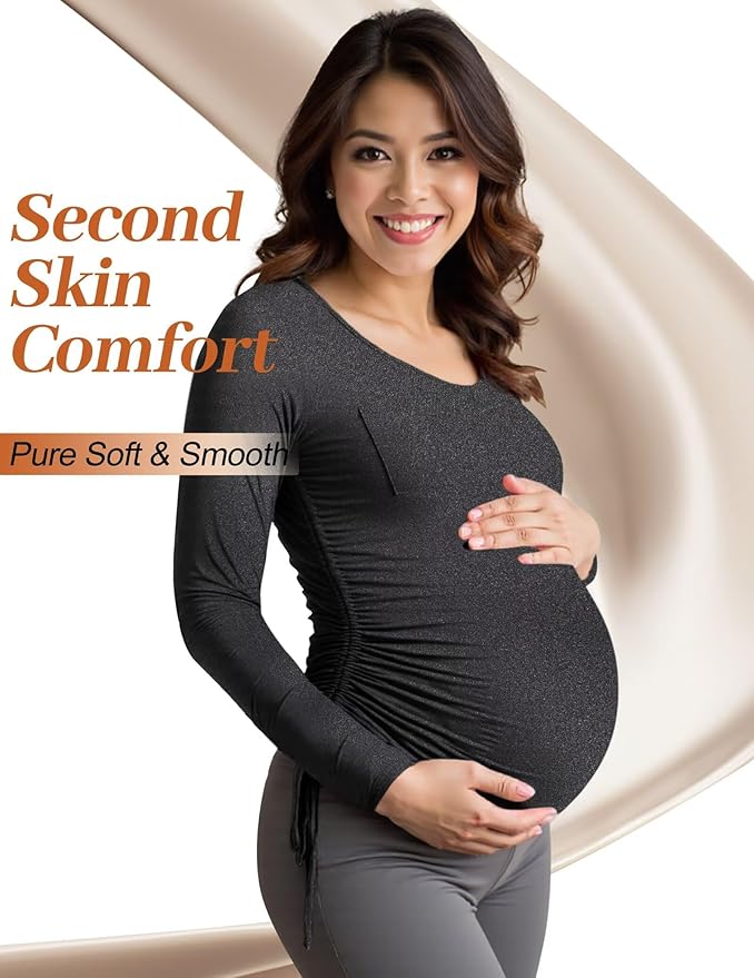 Fotociti Maternity Shirts Long Sleeve, Pregnancy Side Ruched Tops,Women’s Clothes for Mama Work Casual Yoga Wearing