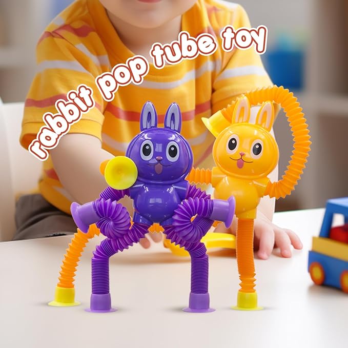 Pop Tubes Bunny Fidget Toys for Kids, 4Pack Fidget Pop Toys Telescopic Suction Cup Toy for Stress and Anxiety Relief, Stocking Stuffers Gift for Kids and Toddlers (4Pack Rabbit)