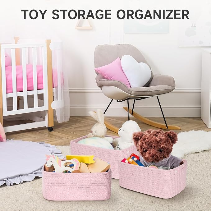 3 Pack Small Storage Baskets for Organizing, 11.8×7.8×5.1", Mixed Pink | Woven Baskets for shelves, Cotton Rope Basket for Gifts Empty, Closet Organizer Bins with Handles, Cube Decorative Box