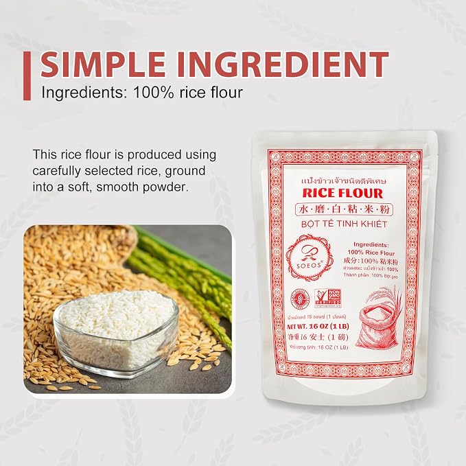Soeos Thai Rice Flour 48 Ounce (Basic), 1 Pound(Pack of 3), Rice Flour for Baking or Cooking, All Natural White Rice Flour for Sourdough Bread, Vegan, Gluten-Free