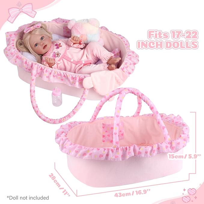 BABESIDE 8 Pcs Reborn Baby Doll Clothes with Bassinet for 17-22 Inch Babydolls, Reborn Baby Doll Accessories and Baby Dolls Clothes fit Newborn Baby Dolls Girl, Pink