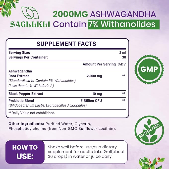 Liposomal Ashwagandha Liquid Drops 2000mg, Ashwagandha Root Extract Supplement (7% Withanolides) with Black Pepper Extract & Probiotics for Focus, Cognition & Energy - 2 FL.OZ (1 Bottle)