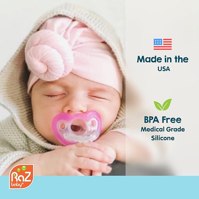 RaZbaby Duck RaZbuddy Stuffed Animal Pacifier Holder for Newborns & Up, Made in The USA, Detachable Orthodontic JollyPop Pacifier, Medical-Grade 100% BPA-Free Silicone, Baby Shower -0 Months+