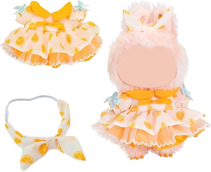 Clothes for Labubu Doll,6.7 Inch Doll Clothing Set - 2 Pieces Handmade Clothes and Accessories for 17cm Plush Toy - Orange Print Princess Dress + Bow Headdress