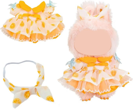 Clothes for Labubu Doll,6.7 Inch Doll Clothing Set - 2 Pieces Handmade Clothes and Accessories for 17cm Plush Toy - Orange Print Princess Dress + Bow Headdress