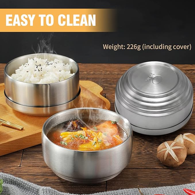 Stainless Steel Rice Bowl with Lid, Set of 2, for Korean Kitchen Restaurant, Double-walled Metal Bowls, Multi-Purpose Insulated Soup Bowls Snacks Bowls (11.5cm Silver)