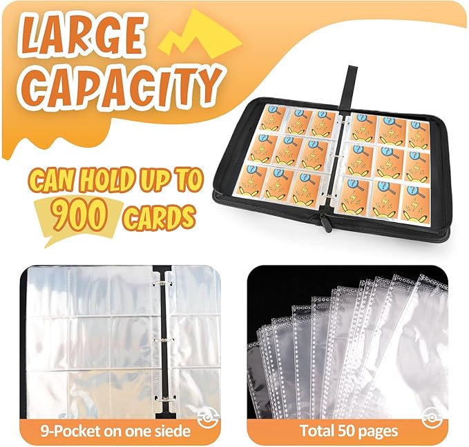 Card Binder 9-Pockets, 900 Pockets Card Holder with 50 Removable Sleeves, Trading Card Collector Zipper Album Holder, Orange