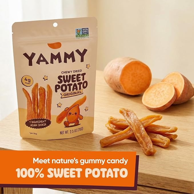 Yammy Chewy Dried Sweet Potato Sticks (5-Pack) - 1 Ingredient Healthy Asian Snack (Japanese, Korean, Chinese Super Food) - Nature's Gummy Candy - No Added Sugar, Vegan, Gluten-Free, 4g Fiber, 2.5oz