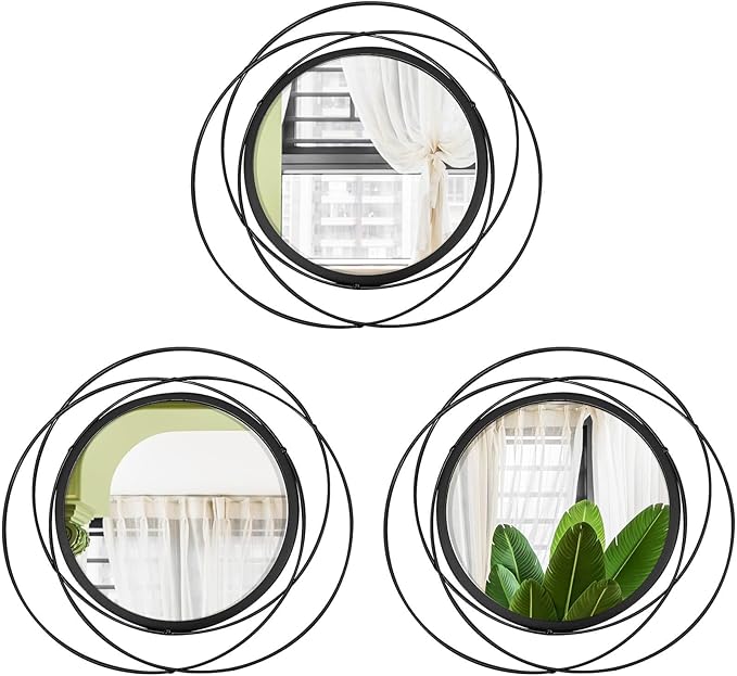 3 Set Round Mirrors for Wall Decor Living Room Bedroom Bathroom Dining Room Metal Circle Mirror Set Boho Decorative Sunburst Wall Art Accent Entryway - Black 9.5 in
