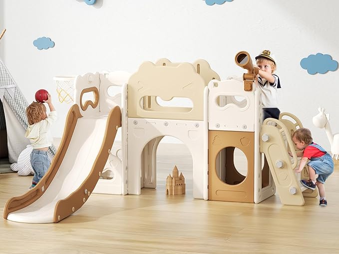 Toddler Slide Indoor, 8 in 1 Indoor Playground for Kids 1-3 Toddler Playset with Climber, Basketball Hoop, Tunnel and Storage Space Kids Outdoor Slide Playset (Coffee)