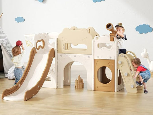 Toddler Slide Indoor, 8 in 1 Indoor Playground for Kids 1-3 Toddler Playset with Climber, Basketball Hoop, Tunnel and Storage Space Kids Outdoor Slide Playset (Coffee)
