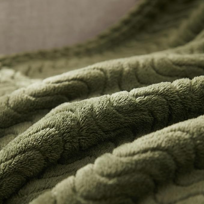 Exclusivo Mezcla Soft Fleece Blanket Queen Size for Bed, Sofa, Olive Green | 90"x90" Breathable Lightweight Flannel Blanket for Summer, Plush Cozy Jacquard Wave for Home Decor