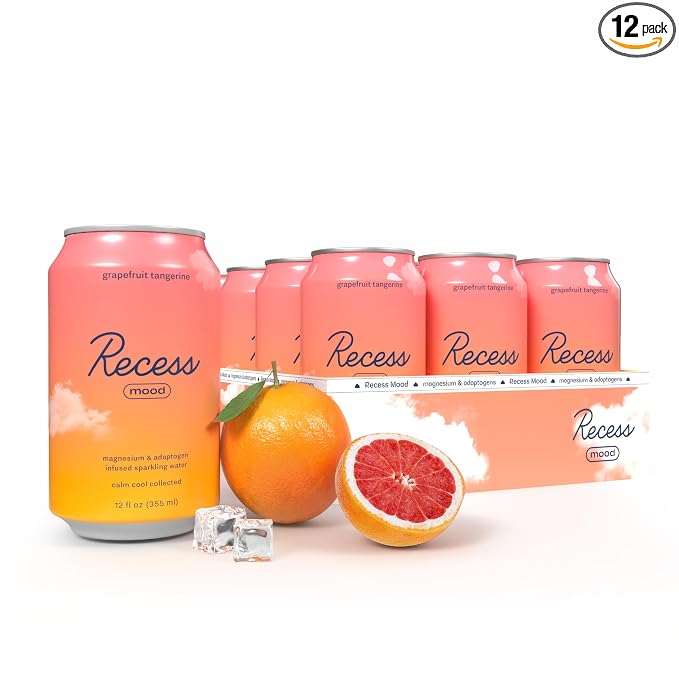 Recess Mood Magnesium & Adaptogen Drink, Relaxation Beverage, 12 ounce (Grapefruit Tangerine, 12 pack)