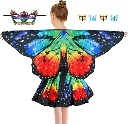 Butterfly Costume for Girls Fairy Wings Kids 4 Pcs(Cape,Skirts,Masks,Hair Clips) Butterfly Wings for Halloween Gifts