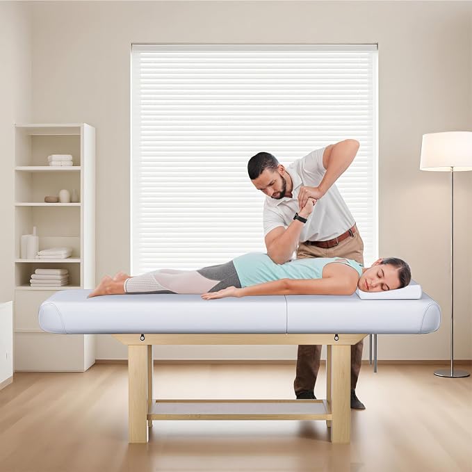Heavy Duty Frame Professional Massage Table with Adjustable Backrest & Height Legs & Face Pillow, PU Leather, for Treatment, Physical Therapy, Spa Facial Professional Massage (Wood, White)