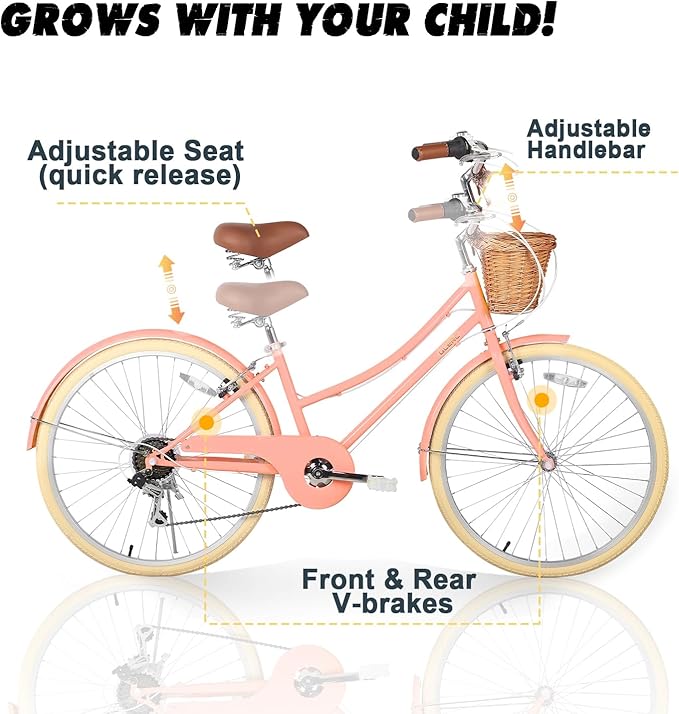 Glerc 20 24 26 Inch Beach Cruiser Bike, 6-Speed Hybrid City Bicycle for Girls Youth and Over 6 Years Old, Missy Bike with Wicker Basket & Lightweight, Multiple Colors