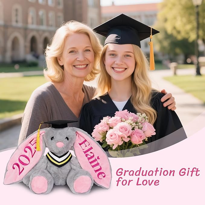Custom Graduation Plush Bunny Gift 2025 for Her Him, Embroidered Bunny Graduation Stuffed Animal with Name for Kids Girls Boys, Kindergarten High School College Graduation Gifts