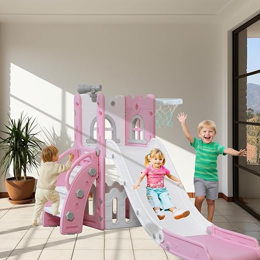 6 in 1 Toddler Slide,Kids Climber Slider for Indoor Outdoor Playground with Basketball Hoop,Storage and Telescope,L Shaped Slide for Toddler Climber Playset
