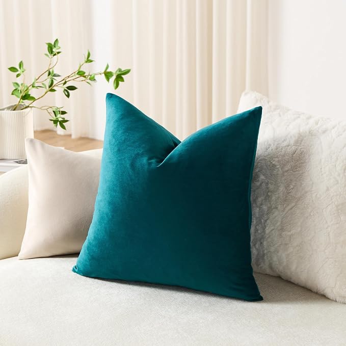 Throw Pillow Covers 18x18 Teal: Pack of 2 Cozy Soft Velvet Square Modern Luxury Decorative Throw Pillow Cases for Sofa Couch Living Room Bed Home Decor