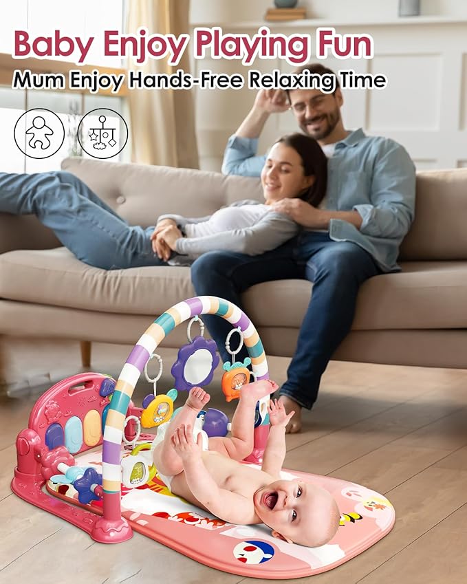dearlomum Baby Play Mat Baby Gym,Funny Play Piano Tummy Time Baby Activity Mat with 5 Infant Sensory Baby Toys & 2 Baby Book Toys, Boy & Girl Gifts for Newborn 0 to 3 6 9 12 Months(Pink), Medium