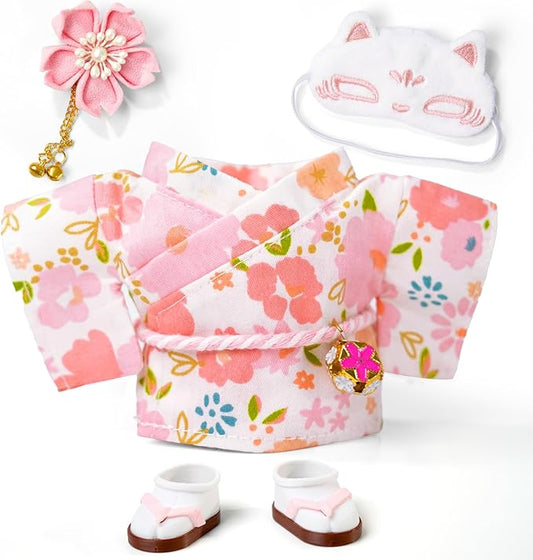 17cm Doll Clothes,Outfit Accessories Kimono Set for 6.7inch Dolls Girls, Kawaii Chic Designer Style Flower Hairbow+Pink Clothing Pajamas+Cute Halloween Mask(NO Doll)