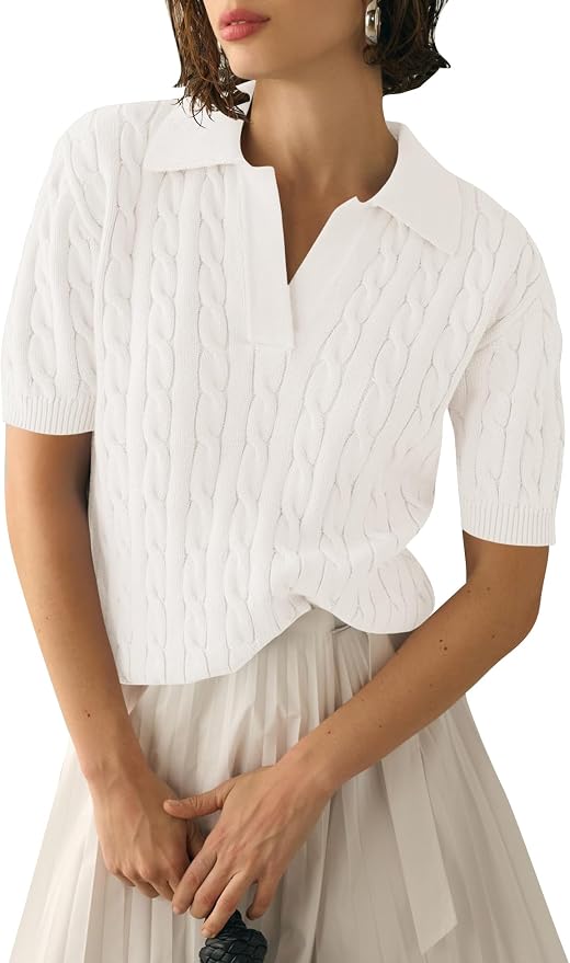 Micoson Womens Short Sleeve Sweater Tops Lapel V Neck Polo Shirts 2026 | Summer Cable Knit Loose Blouses, Business Casual Outfits