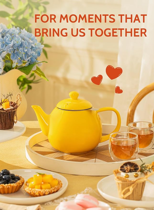 Sweese Teapot, Porcelain Tea Pot with Stainless Steel Infuser, Blooming & Loose Leaf Teapot - 27 ounce, Yellow