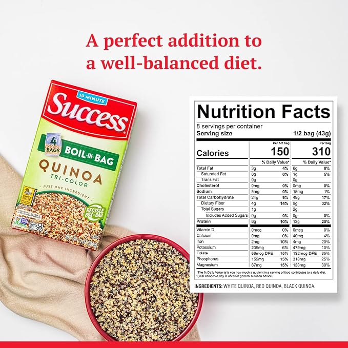 Success Boil-in-Bag Quinoa, Tri-Color Quinoa, 12-Ounce Box, Pack of 1 | Quick quinoa bag for easy meals, stovetop or microwave, ready in 10 minutes, gluten-free, kosher, non-GMO