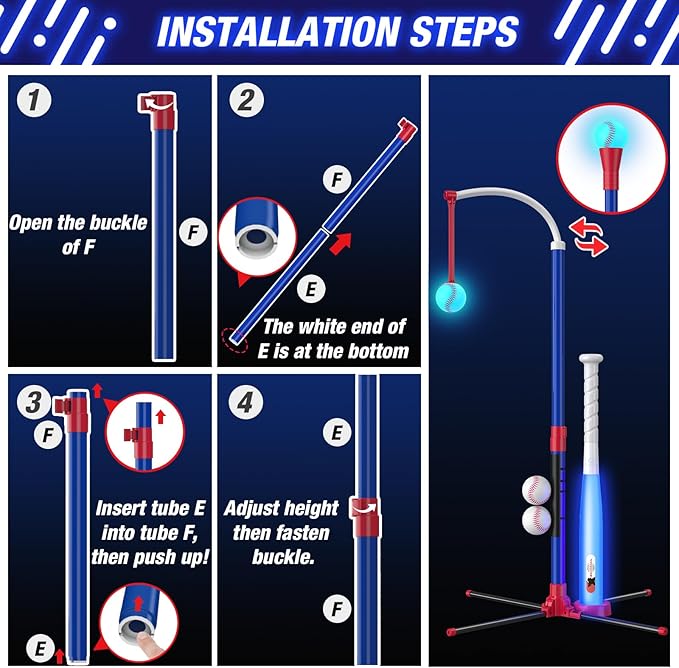 HYES 3-in-1 LED Baseball Set for Kids 3-5 - Tee Ball Stand, Hanging Tee, Ball Launcher and 4 Softballs - Adjustable Height, Indoor/Outdoor Sport Gifts for Boys Girls, Blue