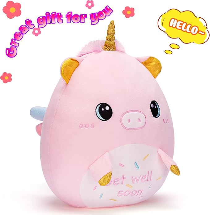 Get Well Soon Unicorn Plush Pillow Stuffed Animal Toy Patient Feel Better,14" Big Size Cute Soft Huggable Plushie,Gift for Kids Women Girl