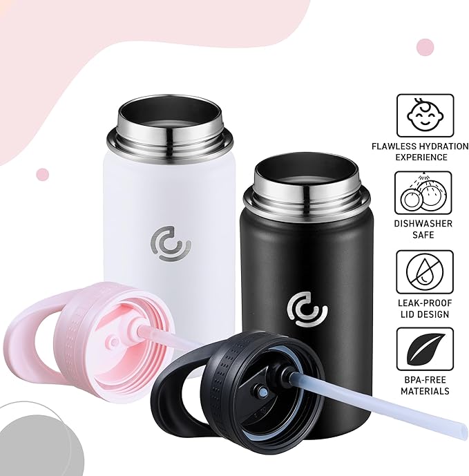 2 Pack Kids Water Bottle,14oz Stainless Steel Insulated Water Tumbler Leak-Proof,School Water Mug,Small and Portable,Suitable for Boys and Girls to Use(Black + White)