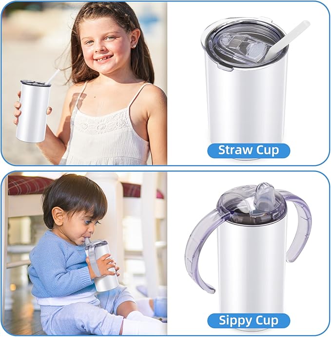 Sublimation Sippy Cup Blank, 4 Pack 12oz Kids Sublimation Tumblers with Straws, Insulated Straight Tumbler with Handle and Spill-proof Lid Toddler Sippy Water Bottle