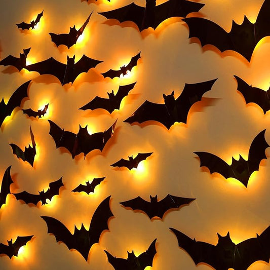 DR.DUDU 36 Pack Light Up Bats Halloween Decorations, Orange | 3D, LED Lights, Wall Decor, Removable Bat Stickers, Indoor Outdoor Window Bathroom Garage Door Home Party Use