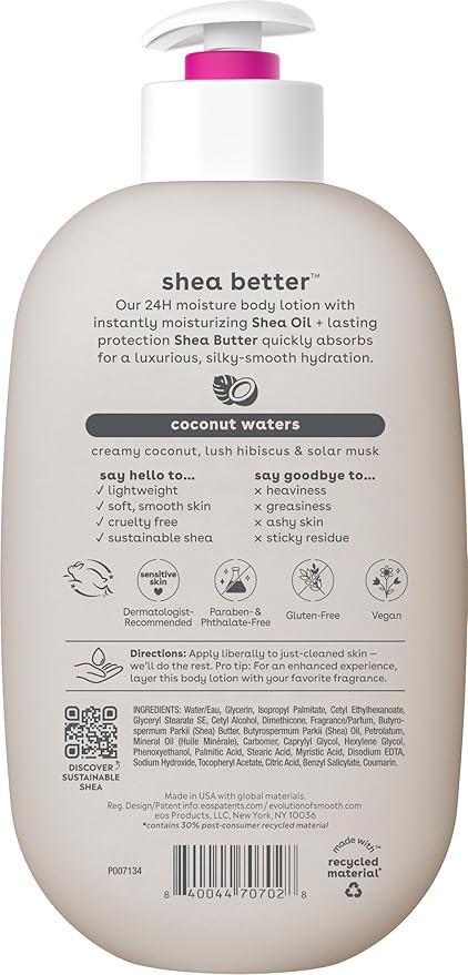 eos Shea Better Body Lotion Coconut Waters, 24-Hour Moisture Skin Care, Lightweight & Non-Greasy, Natural Shea, Vegan, Coconut Body Lotion, 16 fl oz