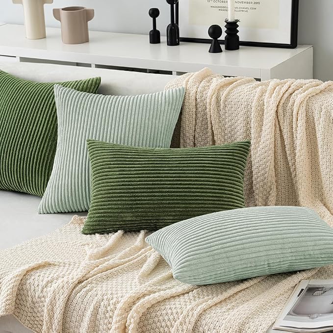 MIULEE Decorative Corduroy Throw Pillow Covers Set of 2 18x18 Light Green | Soft Striped Textured Cushion Cases, Boho Natural Greenery Pillowcases for Home Decor, for Couch Chair Sofa Bed Living Room
