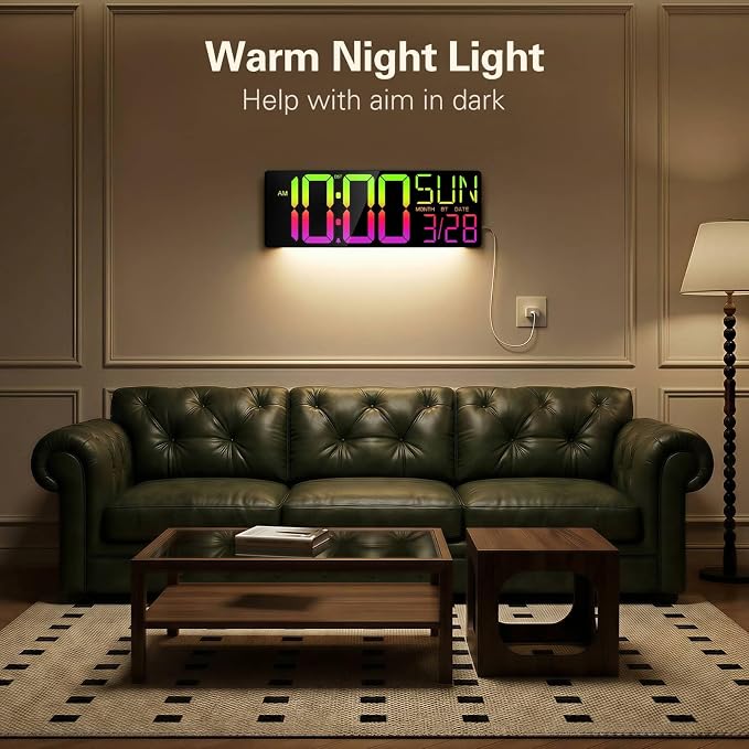 JALL 17.98" Large Digital Wall Clock with RGB Lights & Remote, Digital Clock with Bluetooth Sync & DST, Wall Clock with Temperature & Seconds Display, Clocks for Living Room, Seniors