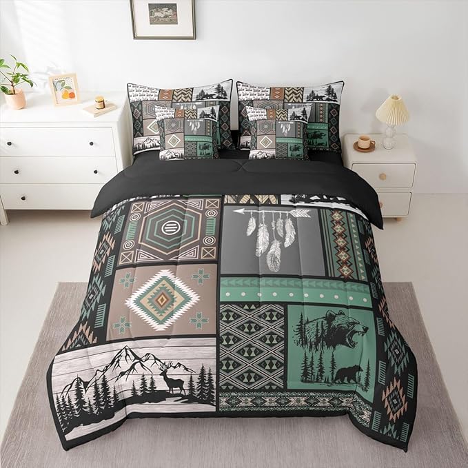 Feelyou Rustic Bear King Comforter Set with Sheets for Kids Boys Girls Retro Bohemian 7 Pieces Bedding Set Farmhouse Cabin Hunting Deer Bed in a Bag Buffalo Plaid Room Decor Soft Microfiber