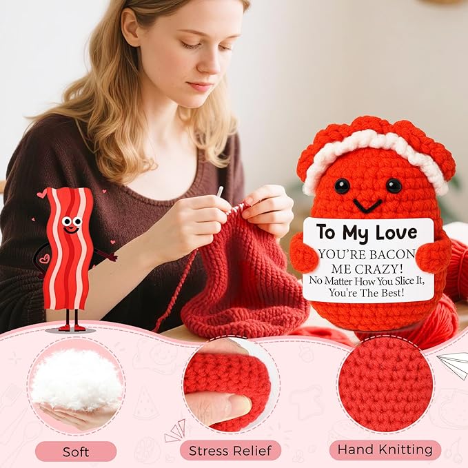 Mini Anniversary I Love You Gifts for Men Women Husband Boyfriend Girlfriend Wife to My Love Handmade Crochet Bacon for Birthday Valentines Wedding Anniversary for Him Her Couples